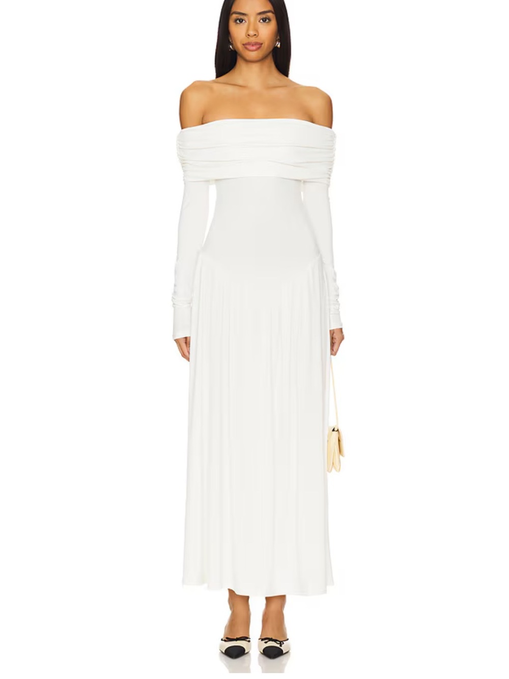 WeWoreWhat Off-the-Shoulder Long Sleeve White Maxi Dress (Color: Ivory)